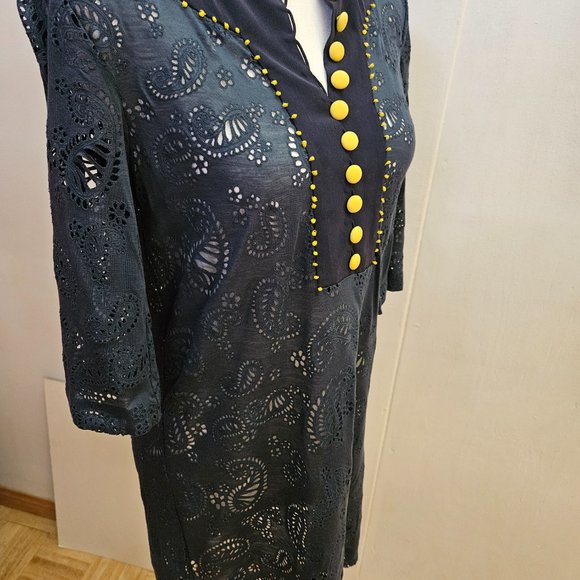 PHILLIP LIM 3.1 Navy Blue Eyelet Yellow Silk Tunic Kurta Style Mini Dress S - Picture 5 of 7